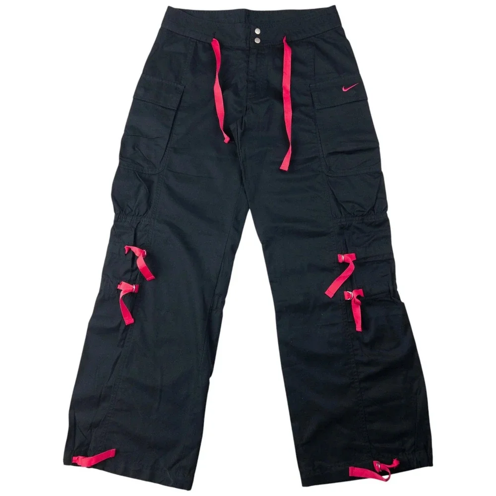 Nike Vintage Cargo Pants Black Pink Ribbon Y2K Wide Leg Utility Trousers Large